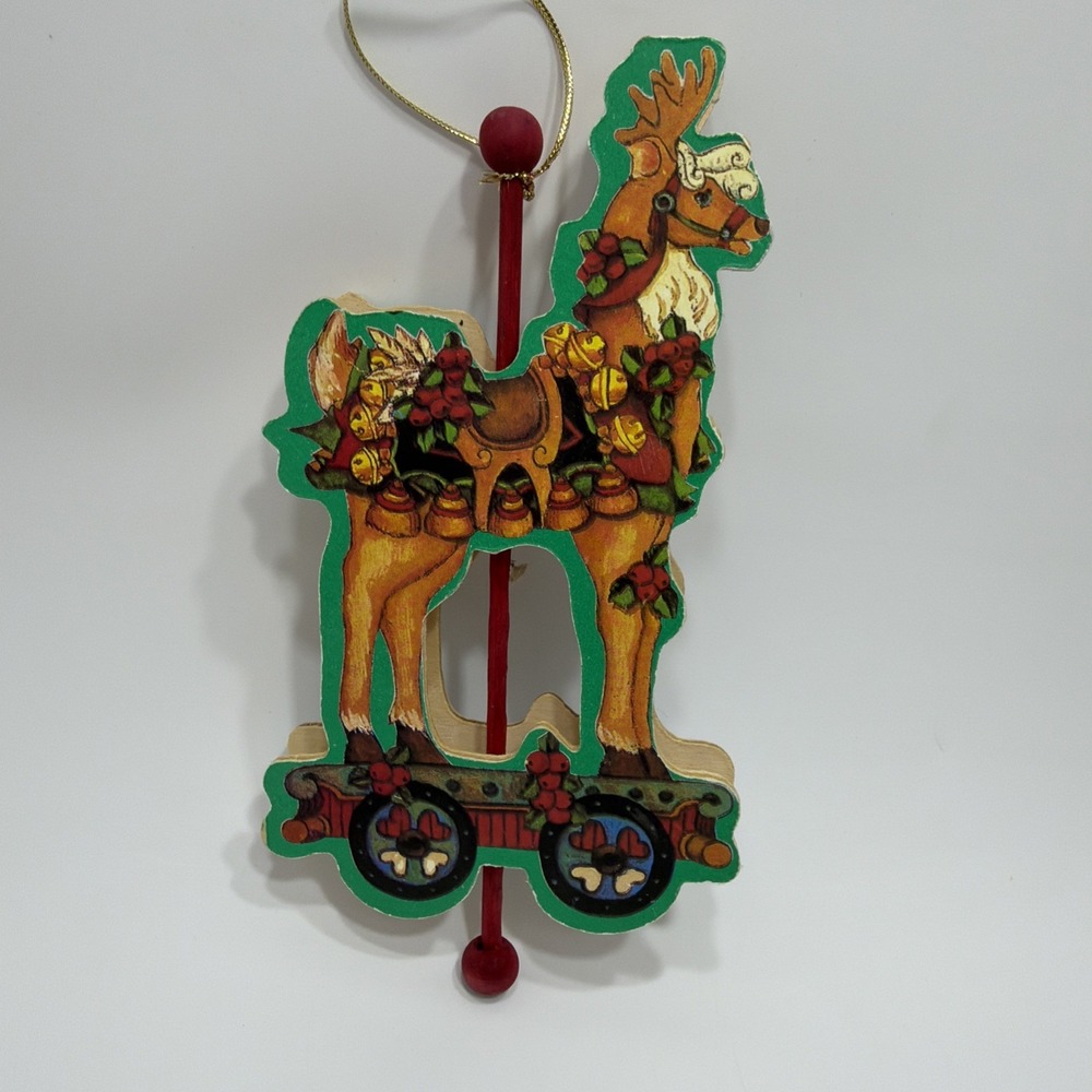 VINTAGE CHRISTMAS Balsa Wood Paper Victorian Carousel Reindeer Ornament Bells